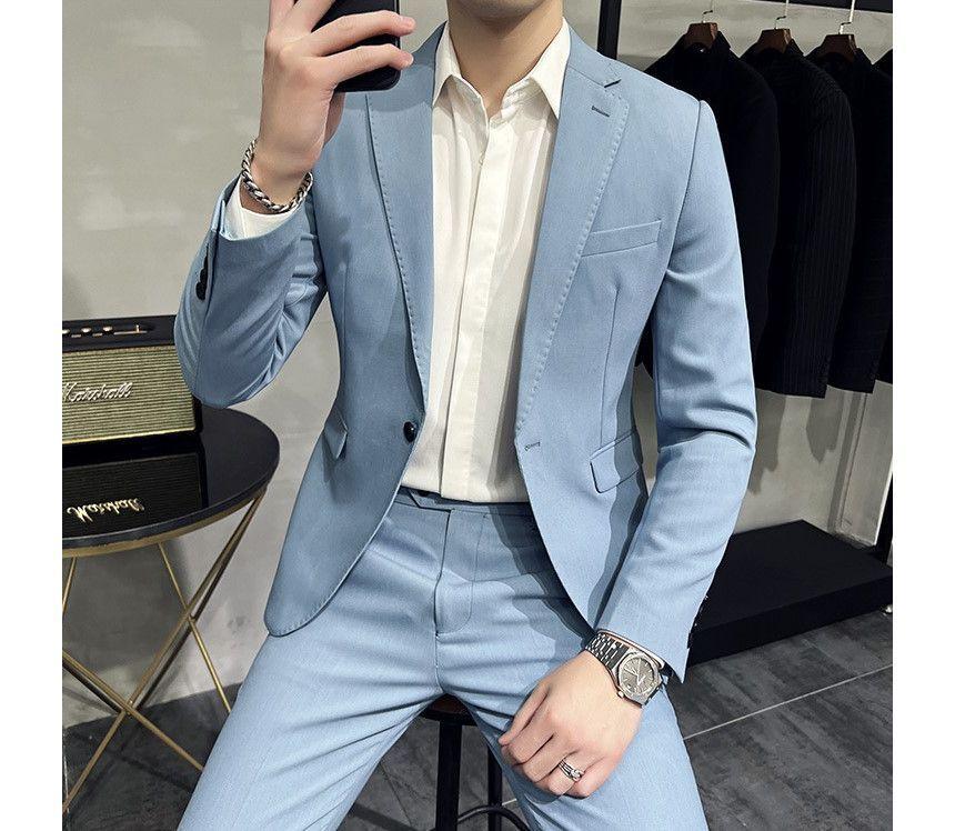 Set: Plain One-Buttoned Blazer + Tapered Dress Pants Product Image