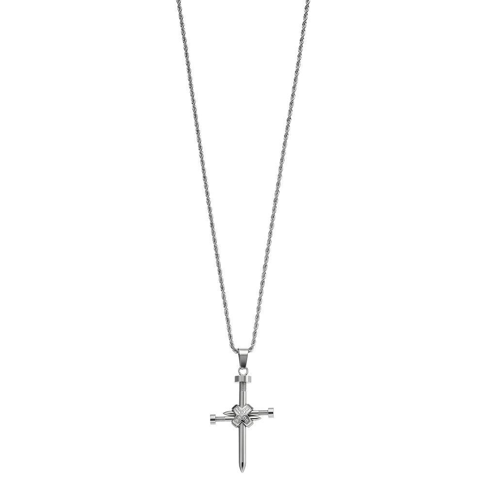 Diamond Brilliance Men's Silver Tone Stainless Steel 1/10 Carat T.W. Lab-Created Diamond Nail Cross Pendant Necklace, Size: 24", White Product Image