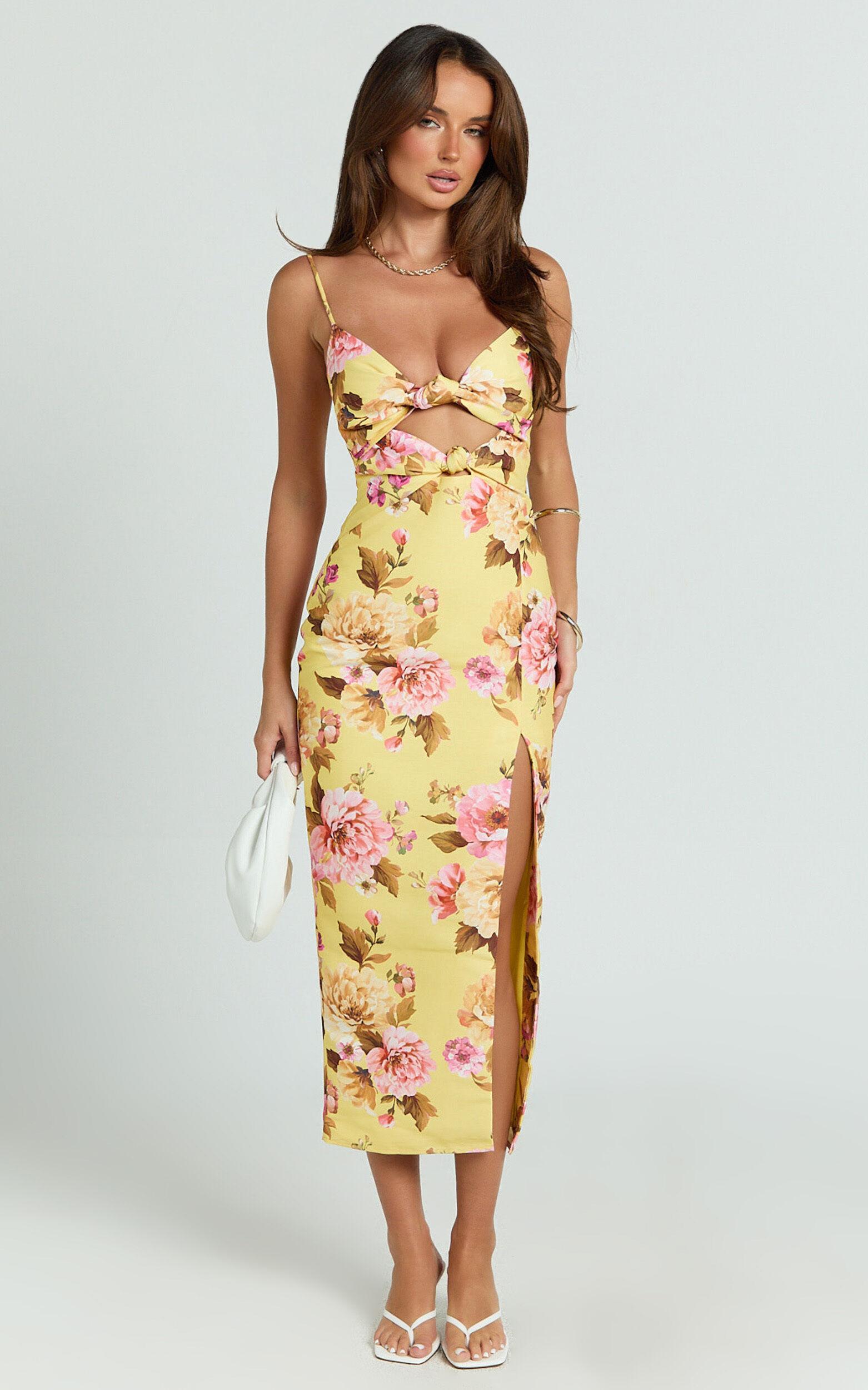 Janice Midi Dress - Knot Detail Front Split Dress in Sunshine Floral Product Image