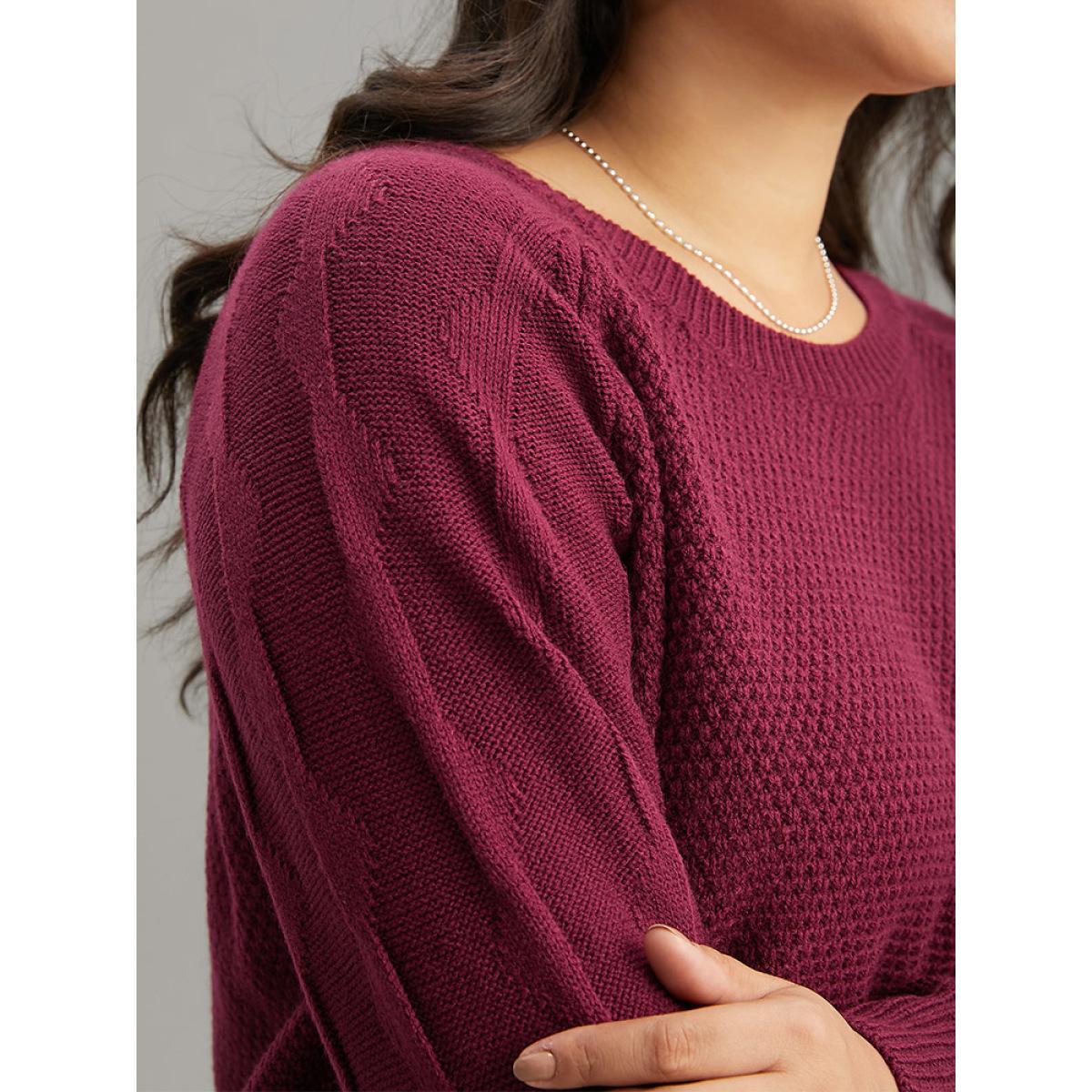 Plus Size Plain Texture Knit Raglan Sleeve Pullover Burgundy Women Casual Loose Long Sleeve Round Neck Dailywear Pullovers BloomChic 12/L Product Image