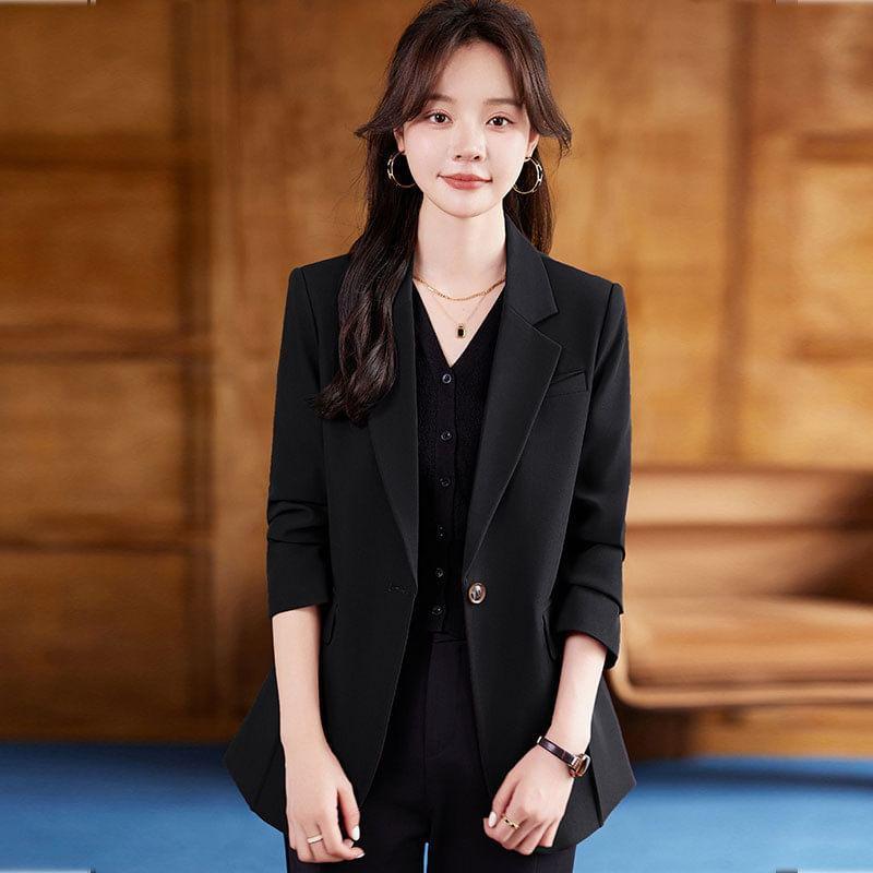 Lapel Collar Plain Single Button Blazer Product Image