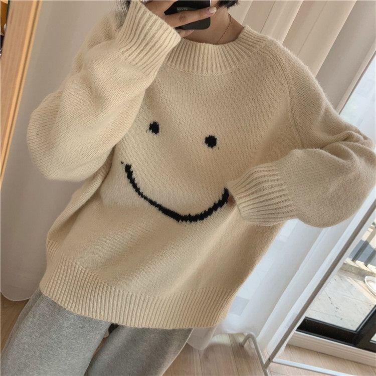 Crew Neck Smiley Face Jacquard Sweater Product Image