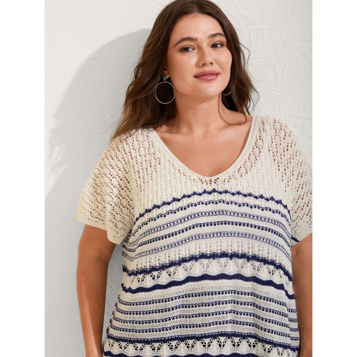 Plus Size Stripes Crochet V-Neck Swim Cover-Up Women's Swimwear Indigo Beach Loose Texture Curve Swim Cover Ups BloomChic 30/6X Product Image
