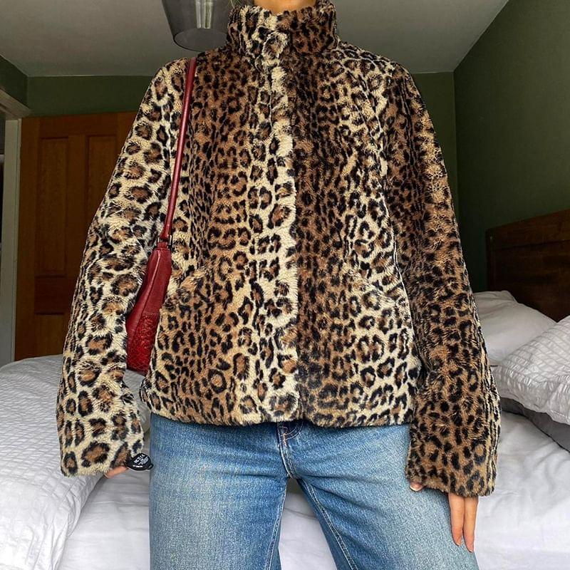Long Sleeve Leopard Print Furry-Trim Loose-Fit Jacket Product Image