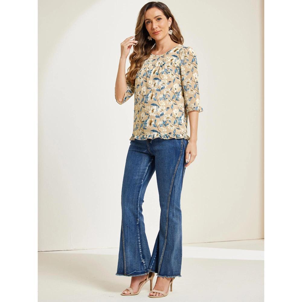 INSPIRE CHIC Women's Round Neck Ruffle 3/4 Sleeve Floral Print Chiffon Blouse Product Image