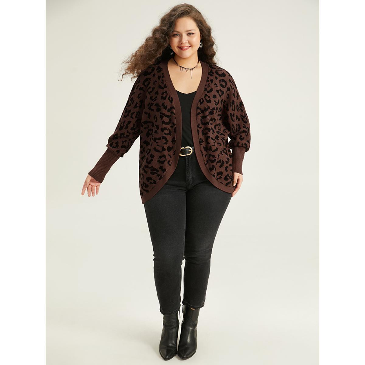 Plus Size Supersoft Essentials Leopard Curved Hem Cardigan DarkBrown Women Casual Loose Sleeveless Dailywear Cardigans BloomChic 18-20/2X Product Image