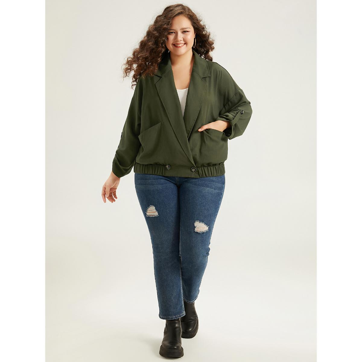 Plus Size Lapel Collar Solid Gathered Tab Sleeve Jacket Women ArmyGreen Plain Pocket Dailywear Jackets BloomChic 18-20/2X Product Image