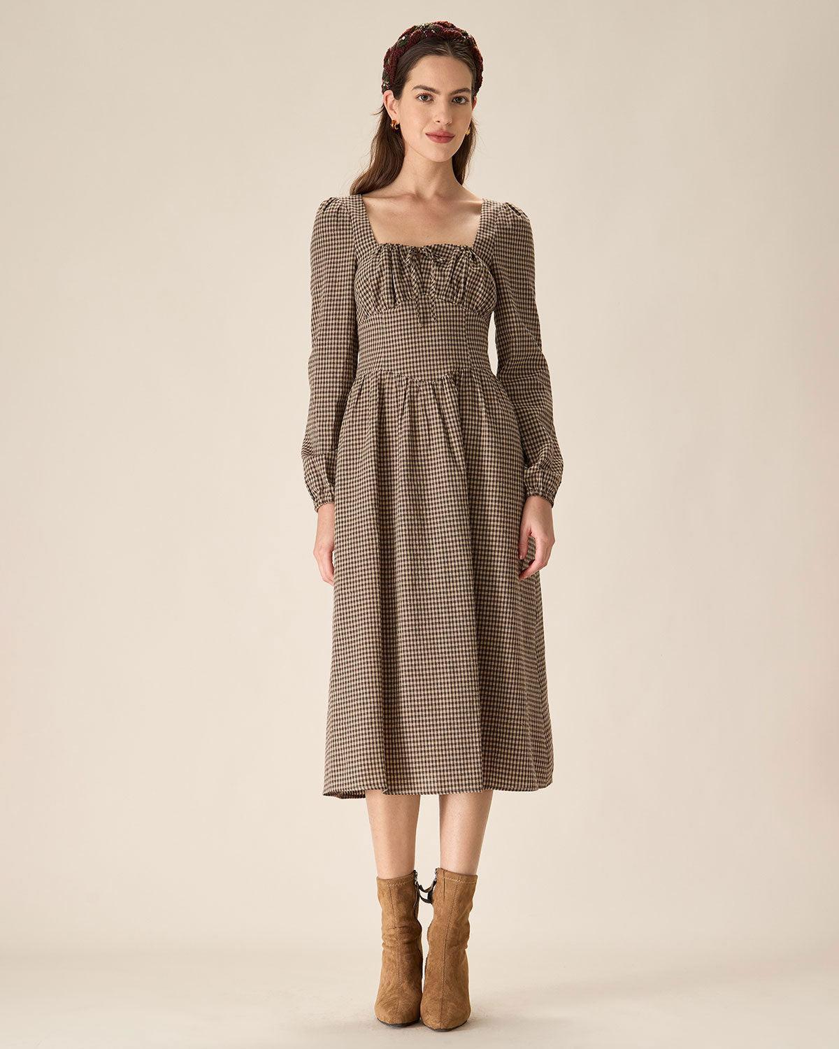 Brown Plaid Square Neck Ruched Midi Dress Product Image