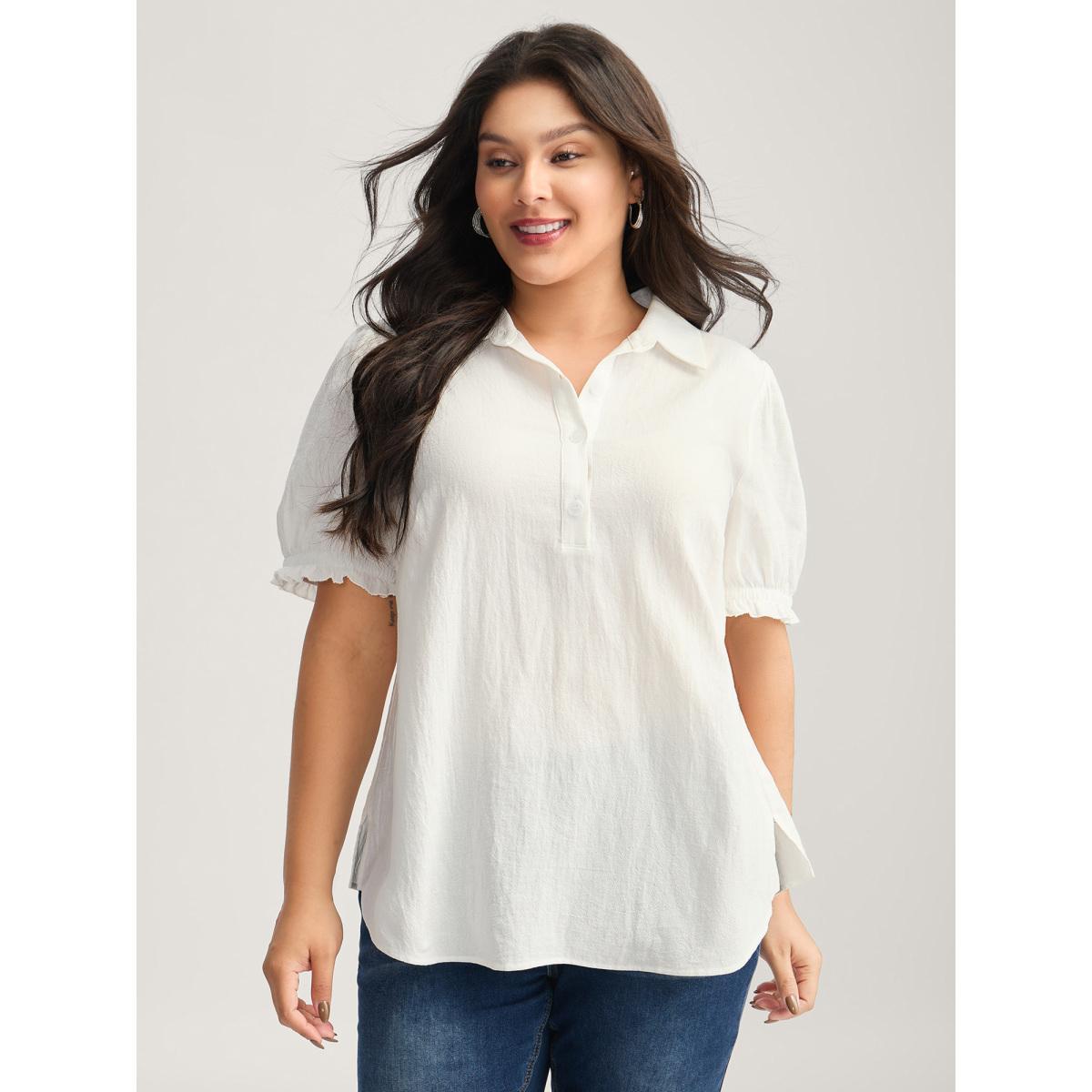 Plus Size Originalwhite Pure Cotton Ruffled Puffy Sleeve Blouse Women Short sleeve Shirt collar Work Blouses BloomChic 12/L Product Image