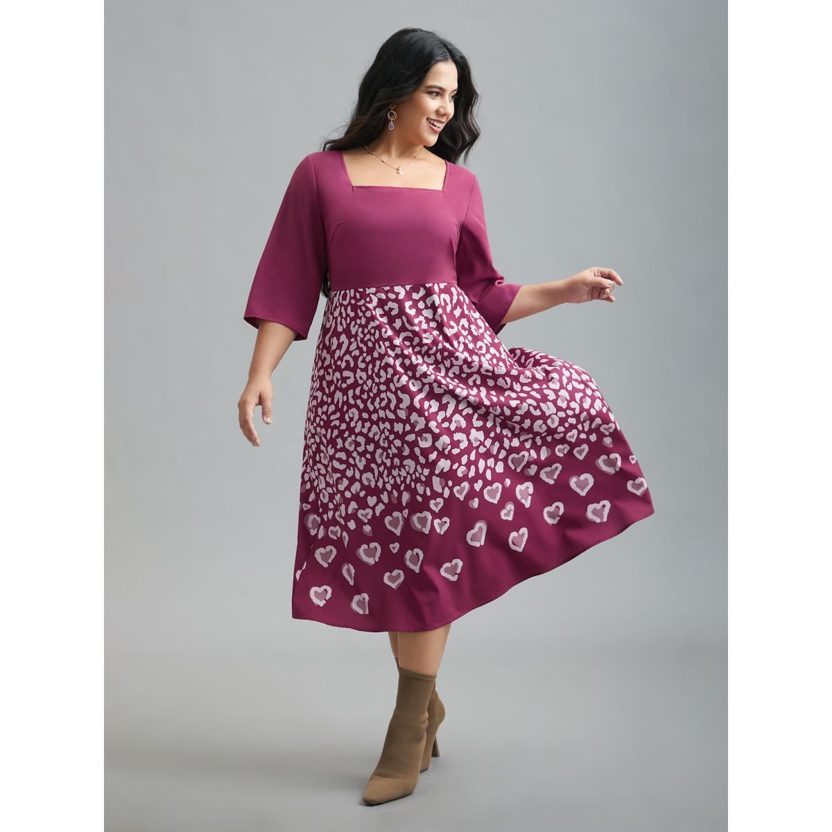 Plus Size Square Neck Contrast Boho Print Midi Dress Deeppurplered Women Elegant Patchwork Square Neck Elbow-length sleeve Curvy BloomChic 30/6X Product Image
