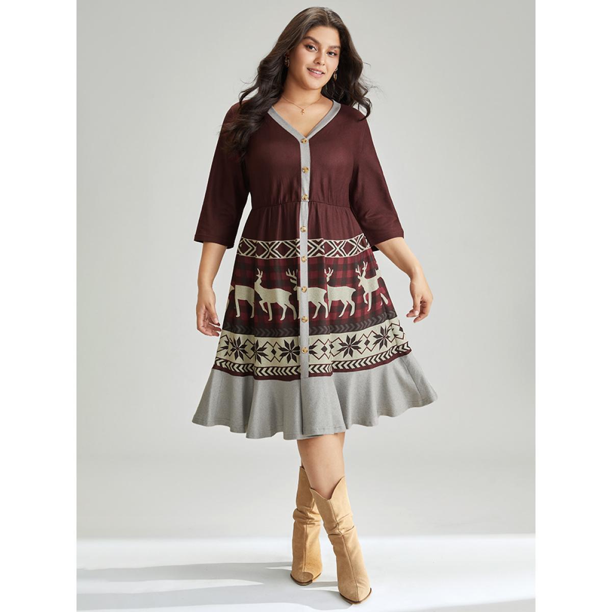 Plus Size Christmas Elk Elastic Waist Patchwork Button Detail Dress Scarlet Women Casual Printed V-neck Elbow-length sleeve Curvy Midi Dress BloomChic 18-20/2X Product Image