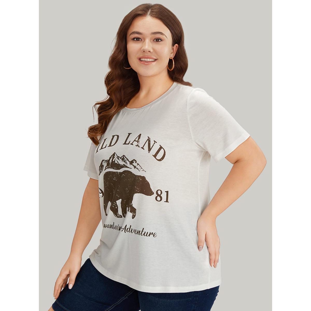 Plus Size Letter & Bear Round Neck Sleeve T-shirt White Women Casual Printed Animal Dailywear T-shirts BloomChic 28/5X Product Image