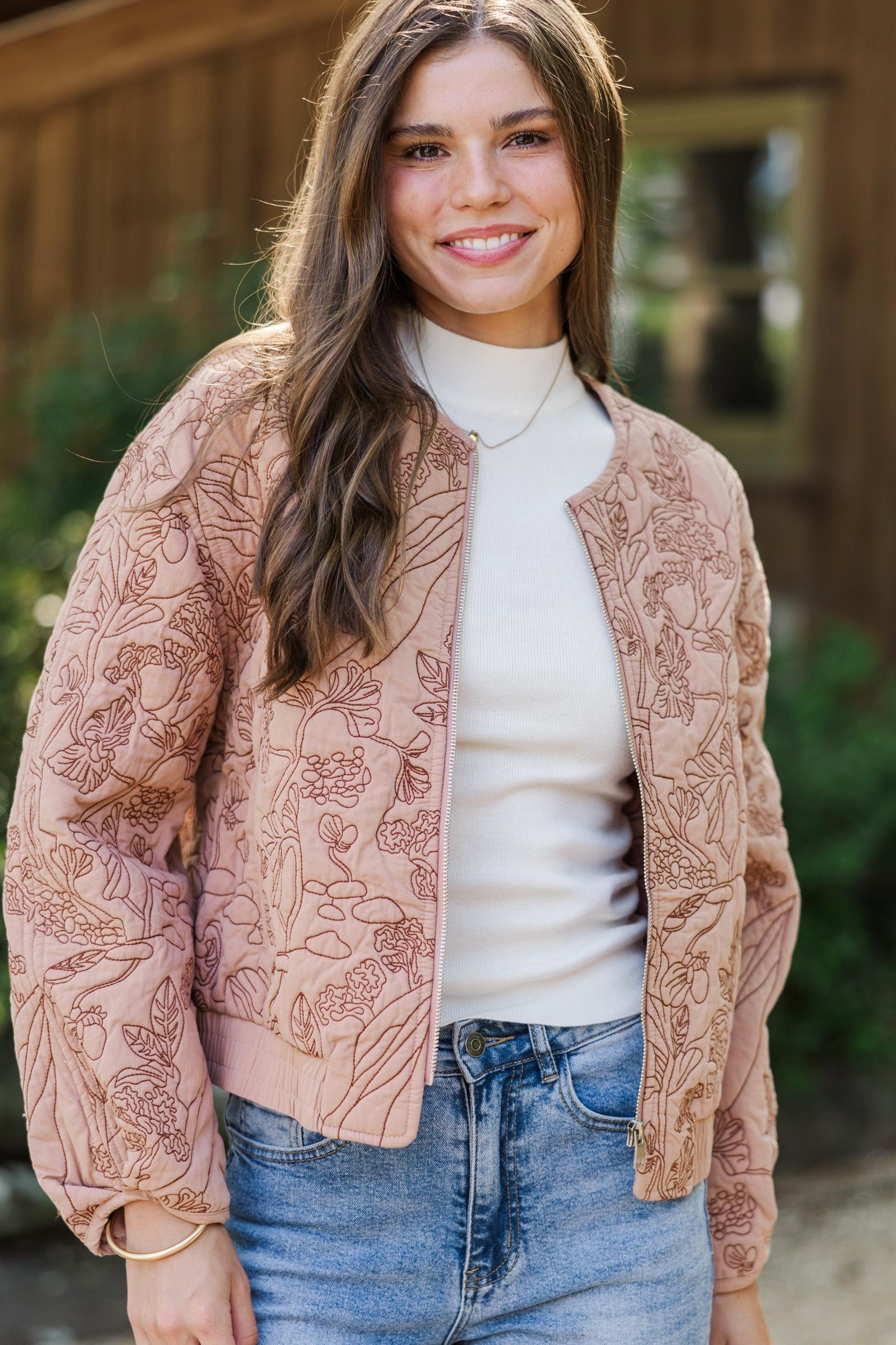All Your Best Rose Pink Embroidered Bomber Jacket Female Product Image