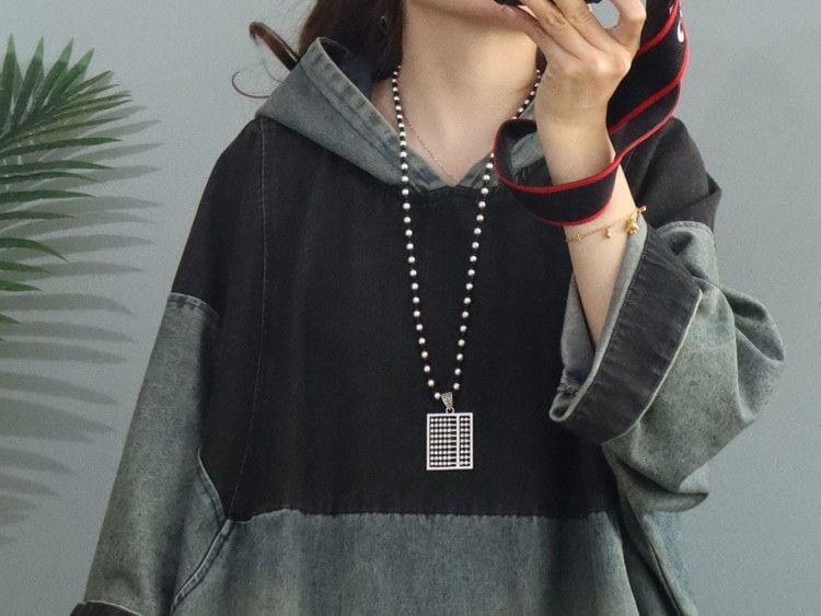 Long-Sleeve Patchwork Hooded Washed Denim Midi Smock Dress Product Image