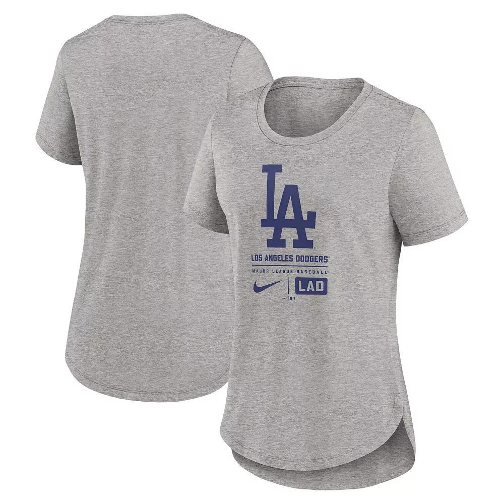 Women's Nike Heather Charcoal Los Angeles Dodgers Large Logo Stacked Tri-Blend T-Shirt Product Image