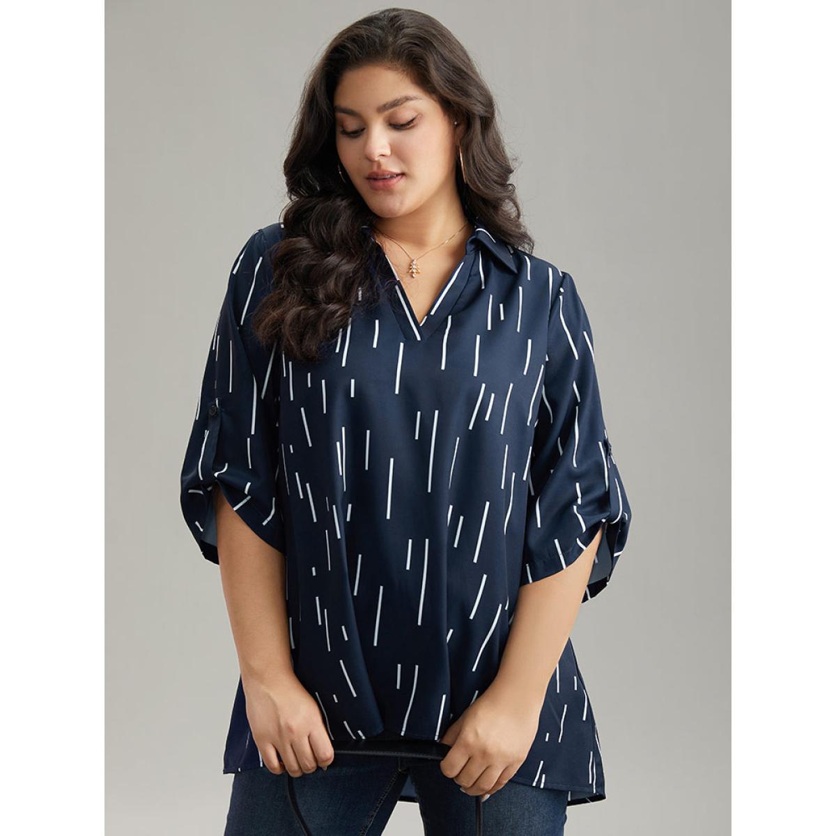 Plus Size Indigo Geometric Shirt Collar Roll Tab Sleeve Blouse Women Office Elbow-length sleeve Shirt collar Work Blouses BloomChic 26/4X Product Image