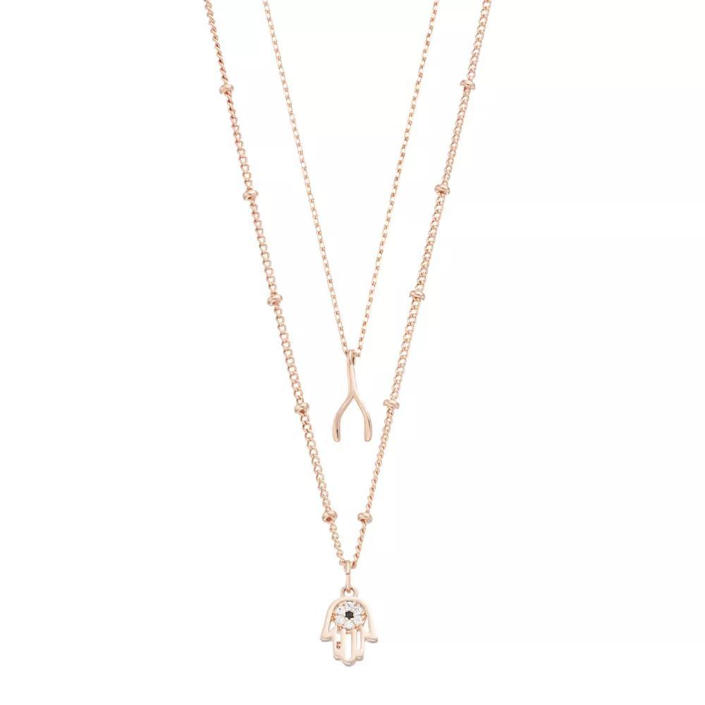 City Luxe 18k Rose Gold-Plated Cubic Zirconia Wishbone & Hamsa Duo Pendant Necklace Set, Women's, Rose Gold Tone Clear Product Image