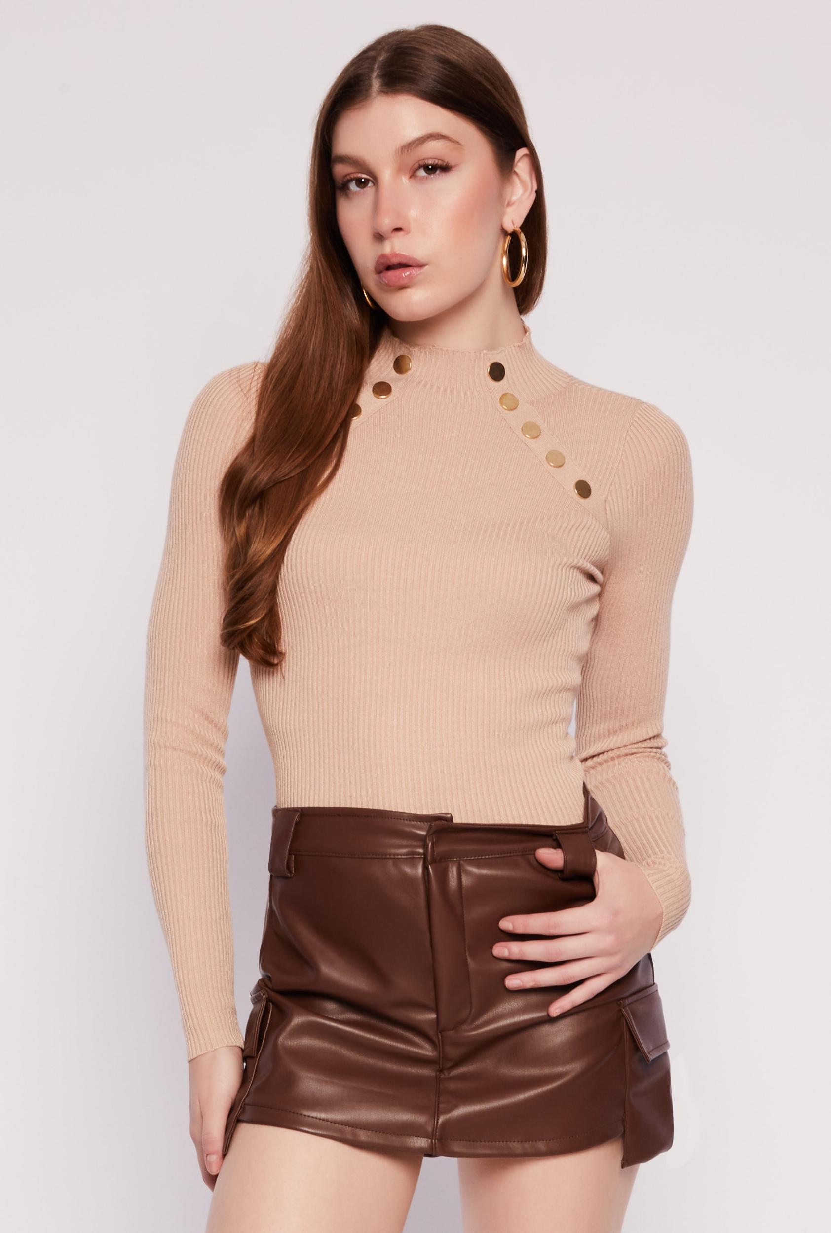 Womens Button Detail Mock Neck Top Product Image