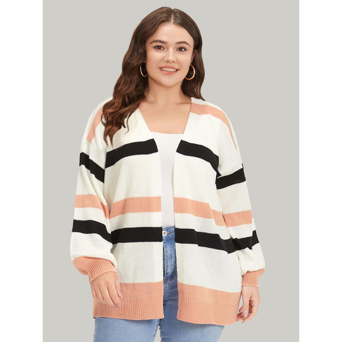 Plus Size Colorblock Contrast Elastic Cuffs Open Front Cardigan Multicolor Women Casual Loose Long Sleeve Dailywear Cardigans BloomChic 18-20/2X Product Image