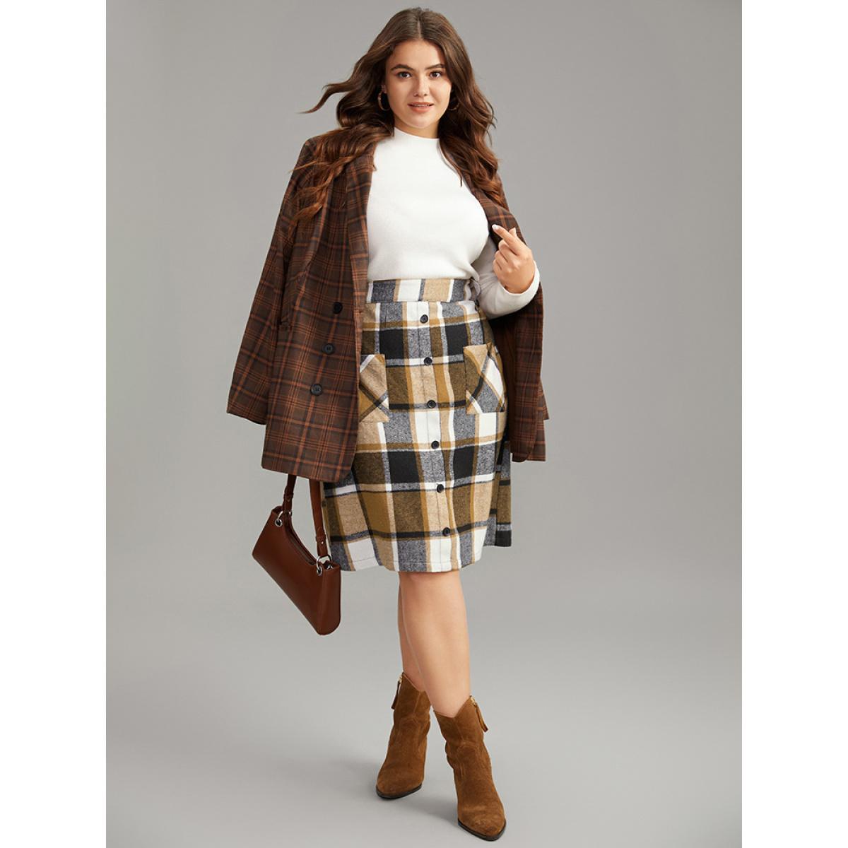 Plus Size Plaid Button Detail Patched Pocket Skirt Women Tan Office Elastic Waist Bodycon No stretch Pocket Work Skirts BloomChic 14-16/1X Product Image
