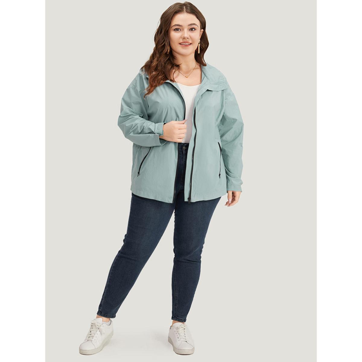 Plus Size Plain Hooded Pocket Zipper Fly Jacket Women SlateGray Plain Pocket Dailywear Jackets BloomChic 26/4X Product Image