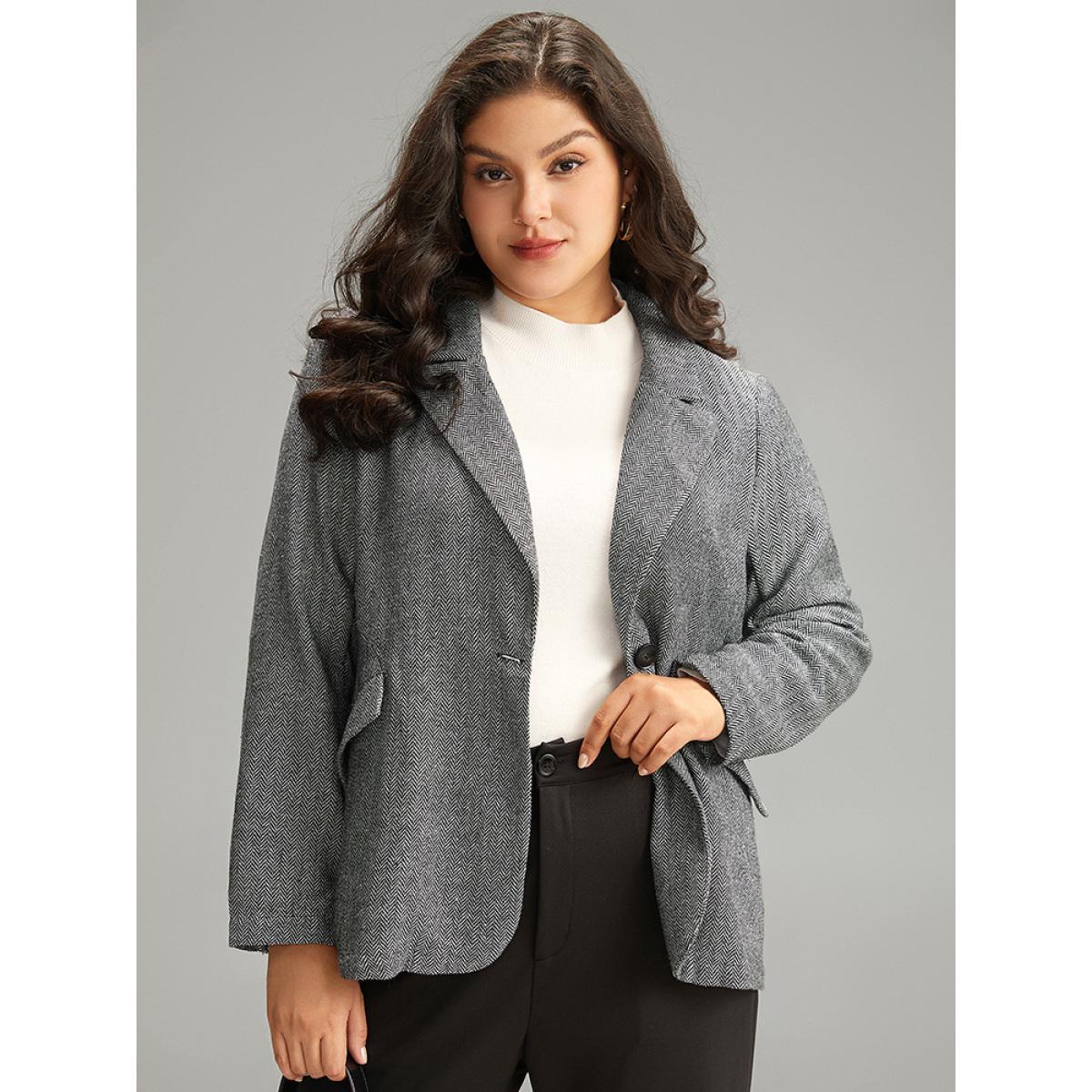 Plus Size Plain Textured Pocket Suit Collar Blazer Black Women Work Plain Texture Sleeve Long Sleeve Suit Collar 18-20/2X Pocket At the Office Blazers BloomChic Product Image