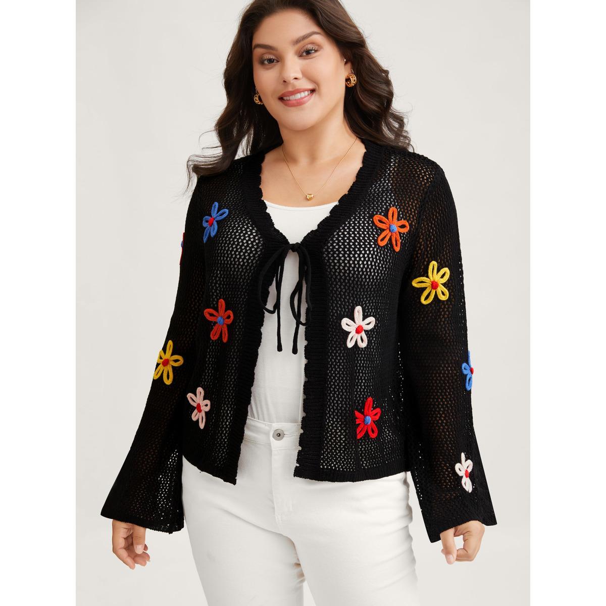 Plus Size Knit Floral Front Tie Cardigan Black Women Casual Loose Long Sleeve Everyday Cardigans BloomChic 12/L Product Image