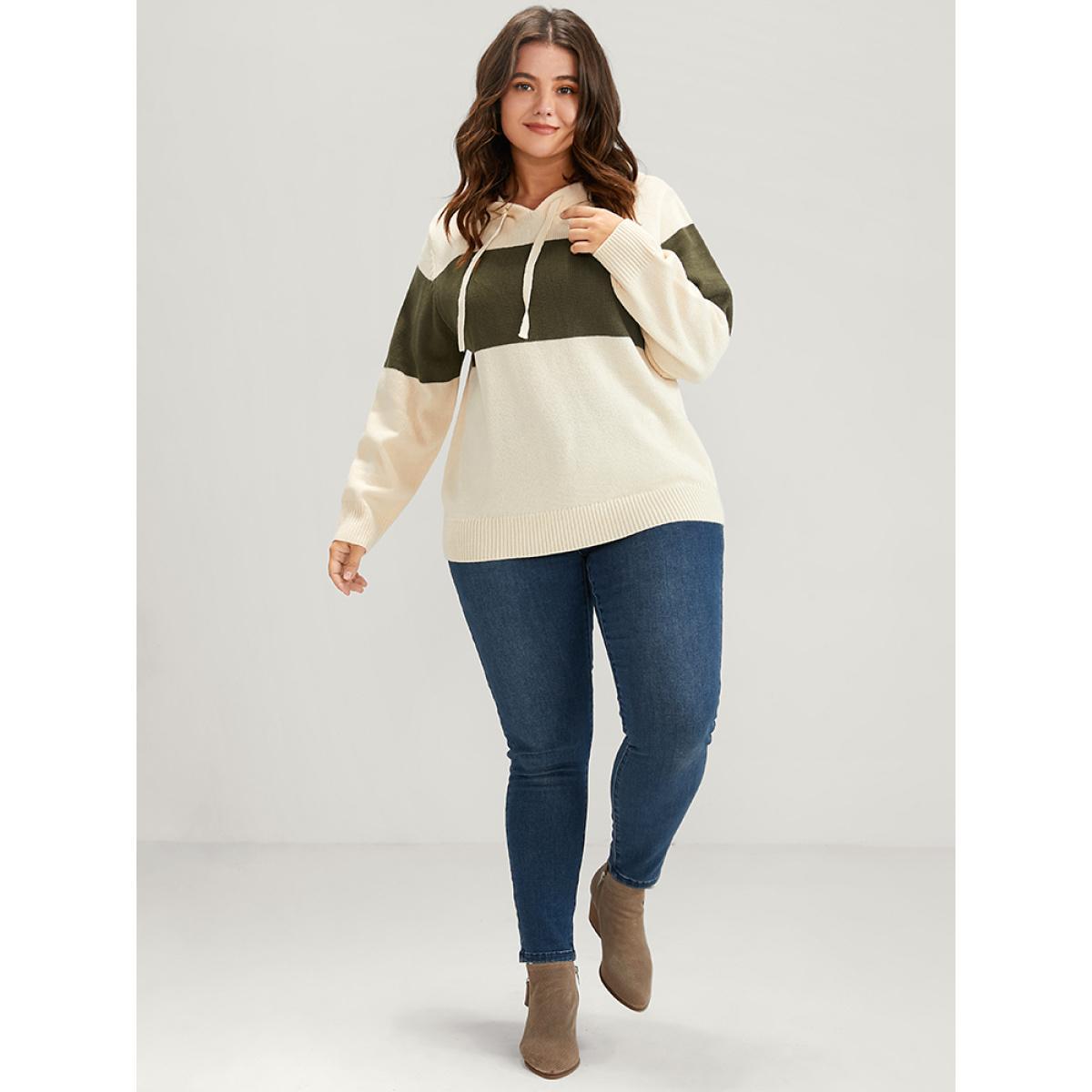 Plus Size Colorblock Contrast Pointelle Knit Drawstring Hooded Knit Top Apricot Women Casual Long Sleeve Hooded Dailywear Pullovers BloomChic 14-16/1X Product Image