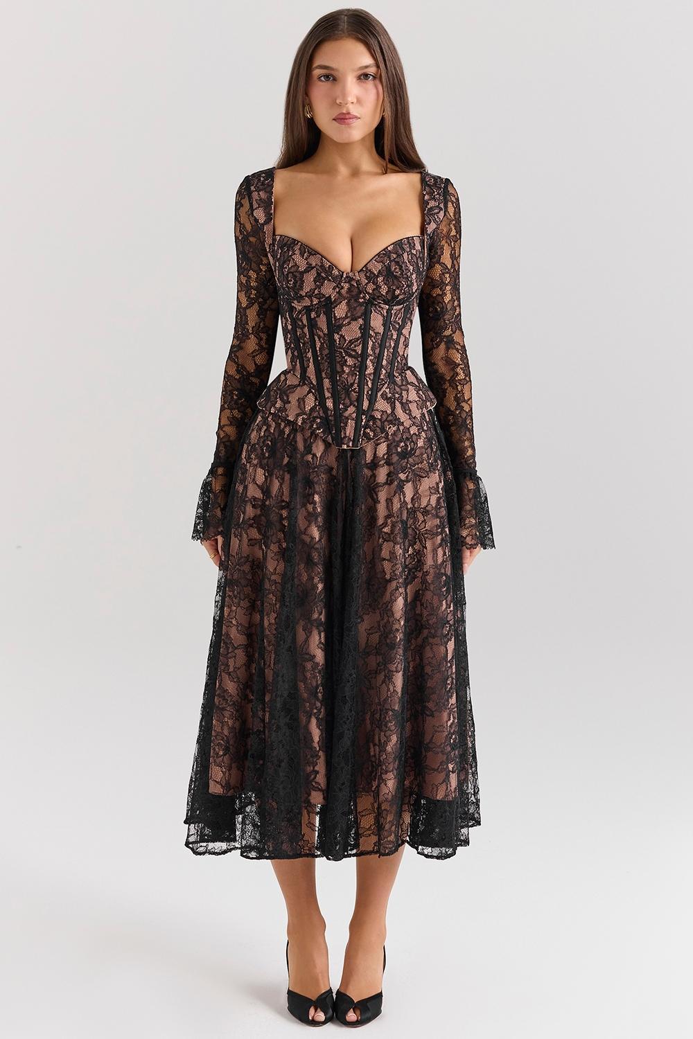 Raquel Black Lace Corset Midi Dress Product Image