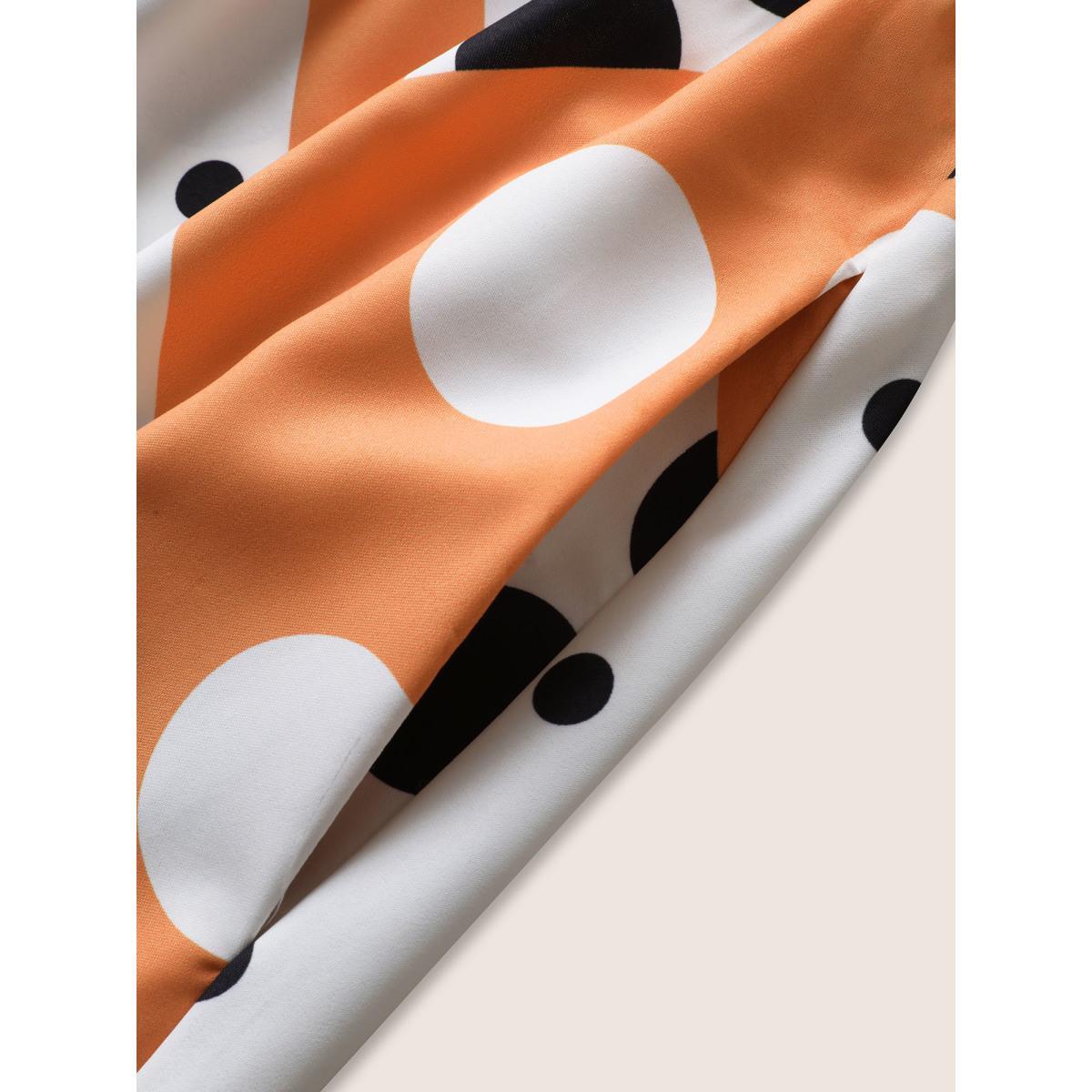Plus Size Polka Dot Contrast Notched Collar Belted Dress Orange Women At the Office Belted Notched collar Sleeveless Curvy Midi Dress BloomChic 18-20/2X Product Image