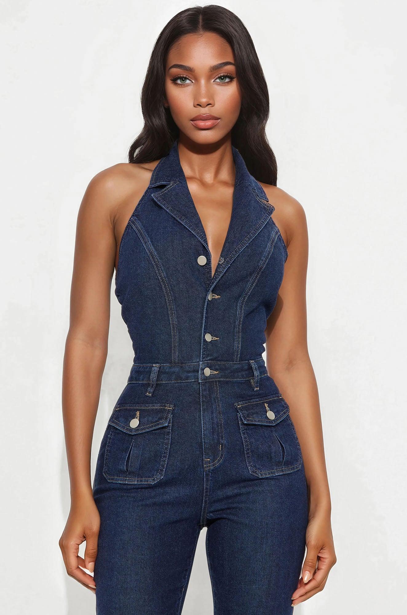 Bellamy Denim Flare Jumpsuit - Dark Wash Product Image