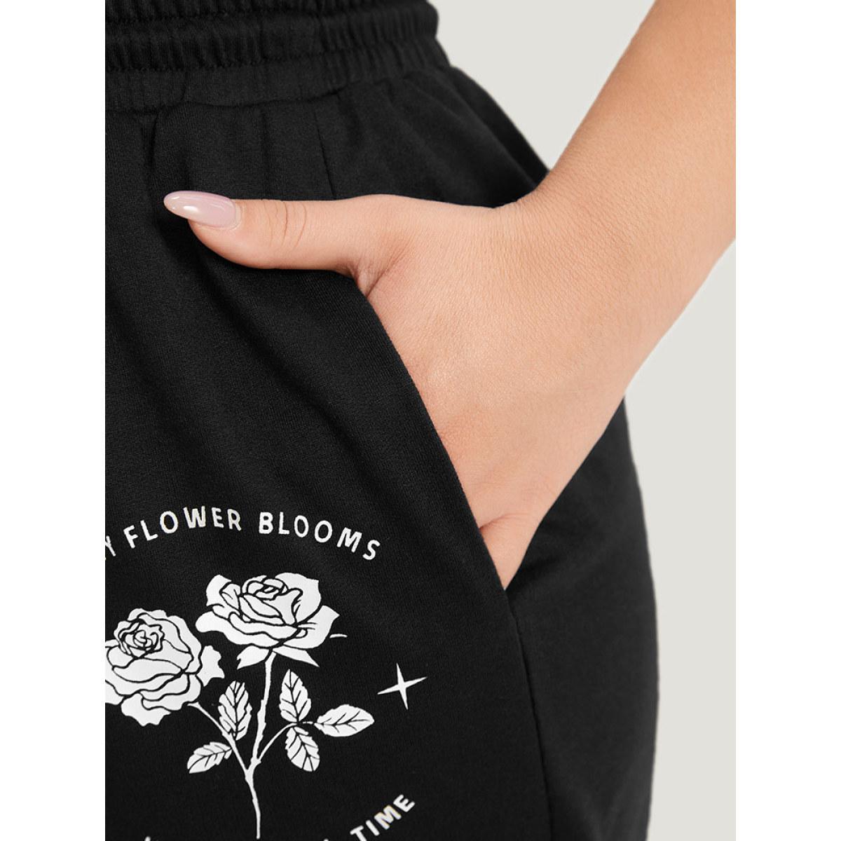 Floral Print Drawstring Elastic Waist Pocket Sweatpants Black Plus Size Women Casual Everyday Tummy control 12/L Bloomchic Product Image