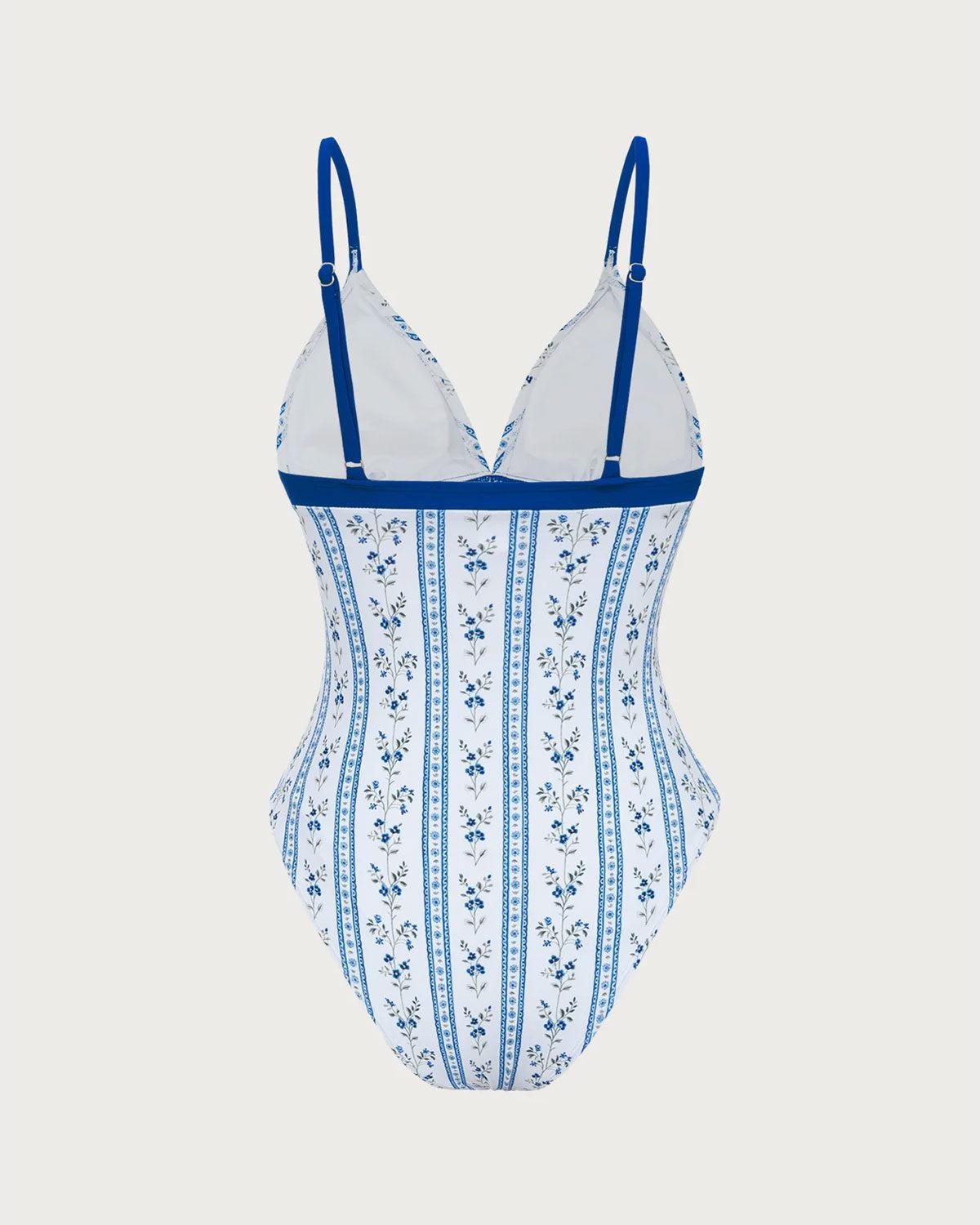 Light Blue Knit Contrast Elegant Printed One-Piece Swimsuit Product Image