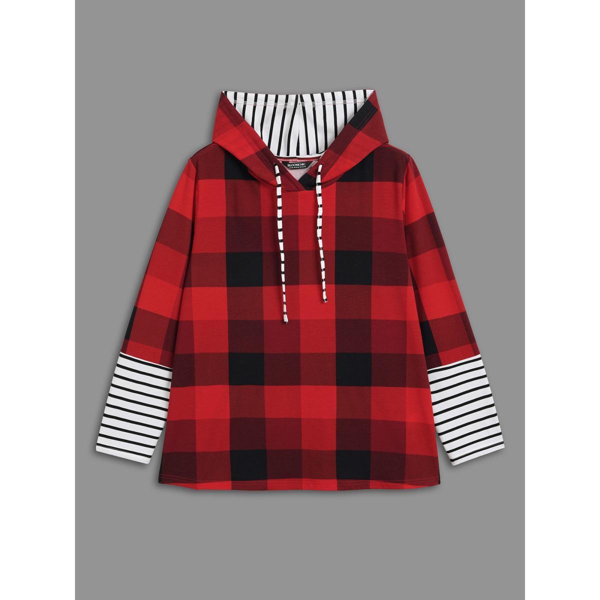 Plus Size Plaid Hooded Drawstring Straight Fit Tee Brightred Women Casual Contrast Hooded Everyday T-shirts BloomChic 30/6X Product Image