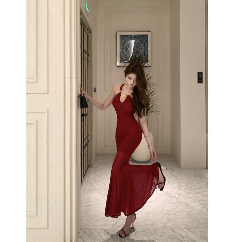 Halter Plain Ruched Maxi Mermaid Dress Product Image