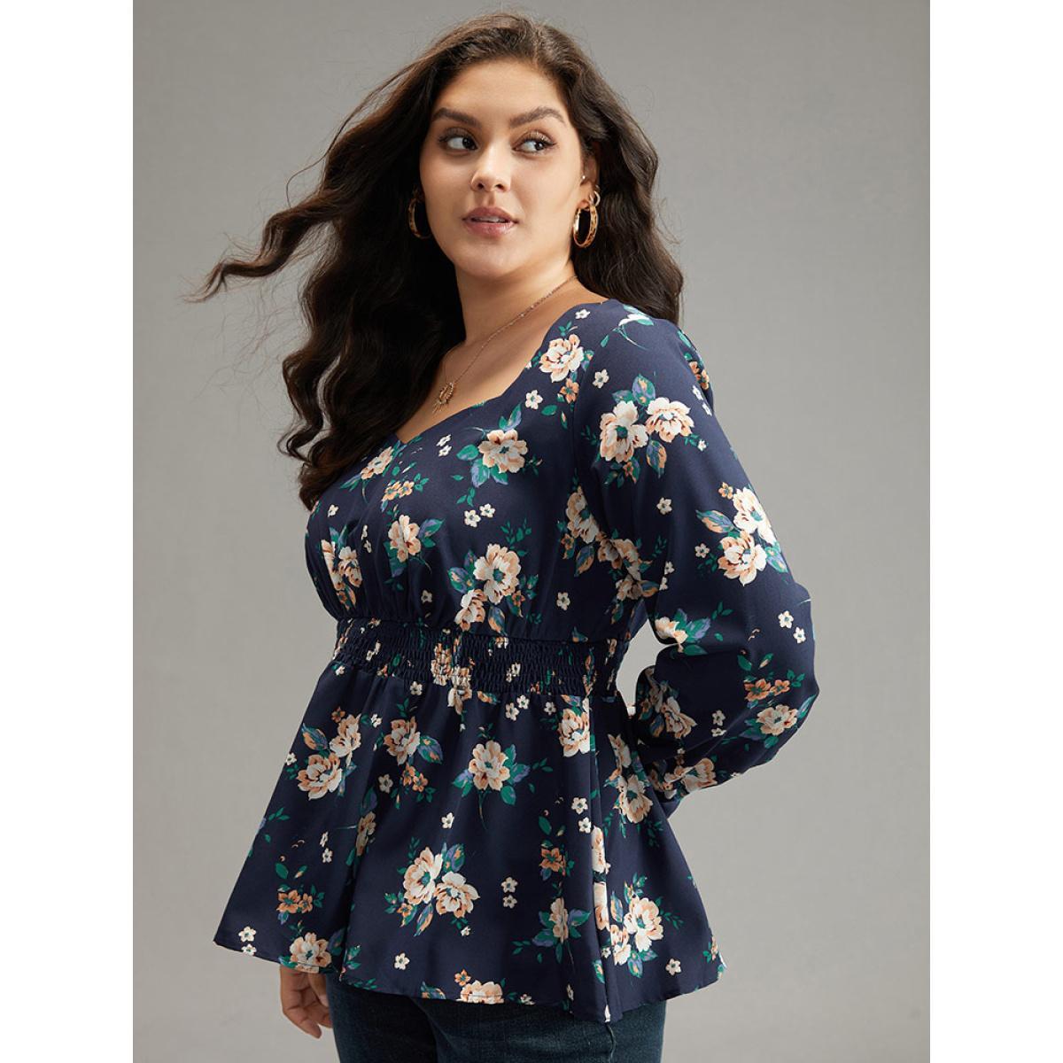 Plus Size Indigo Floral Square Neck Shirred Lantern Sleeve Blouse Women Elegant Long Sleeve Square Neck Dailywear Blouses BloomChic 12/L Product Image