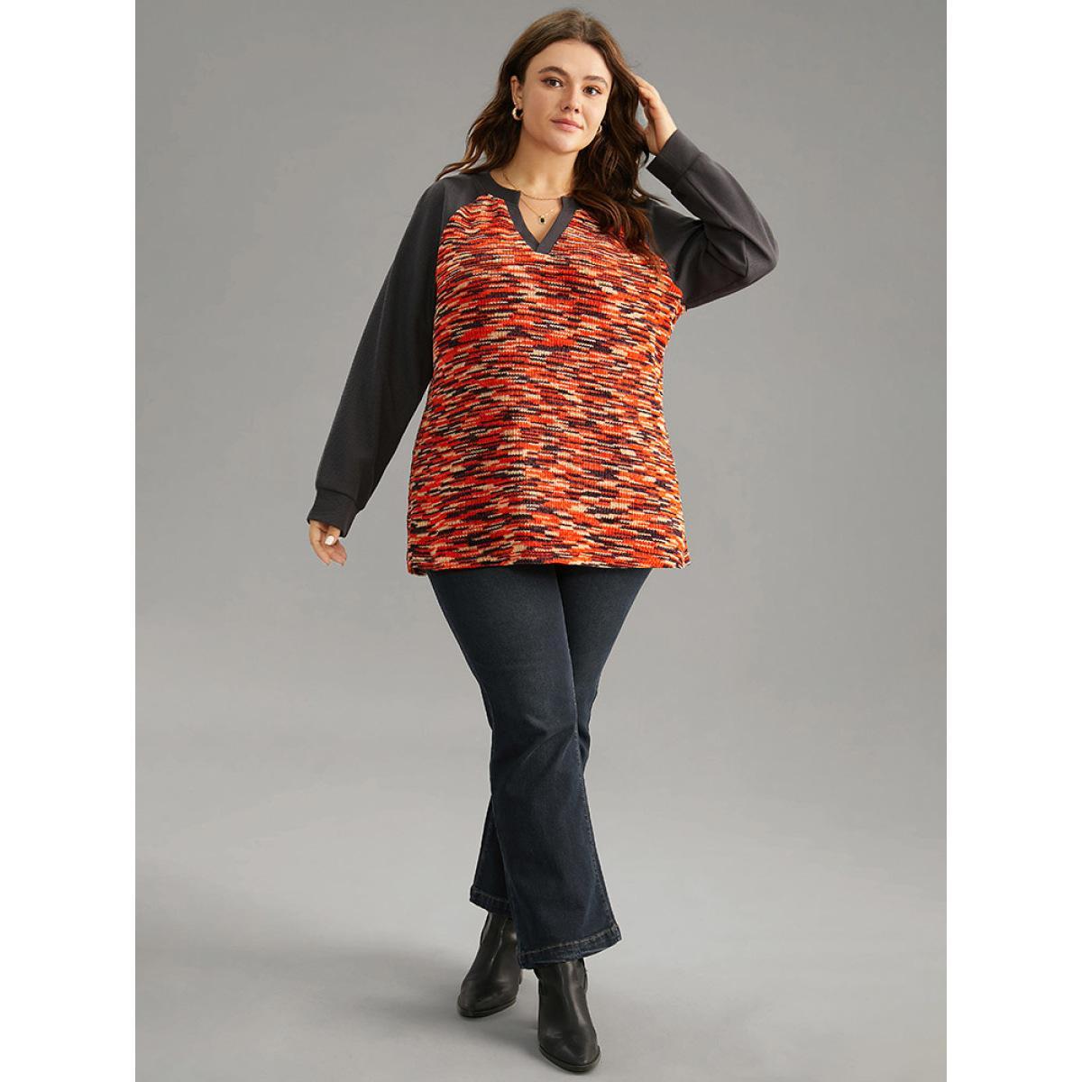 Plus Size Contrast Heather Waffle Knit Raglan Sleeve Sweatshirt Women DimGray Elegant Waffle Knit Notched collar Dailywear Sweatshirts BloomChic 12/L Product Image