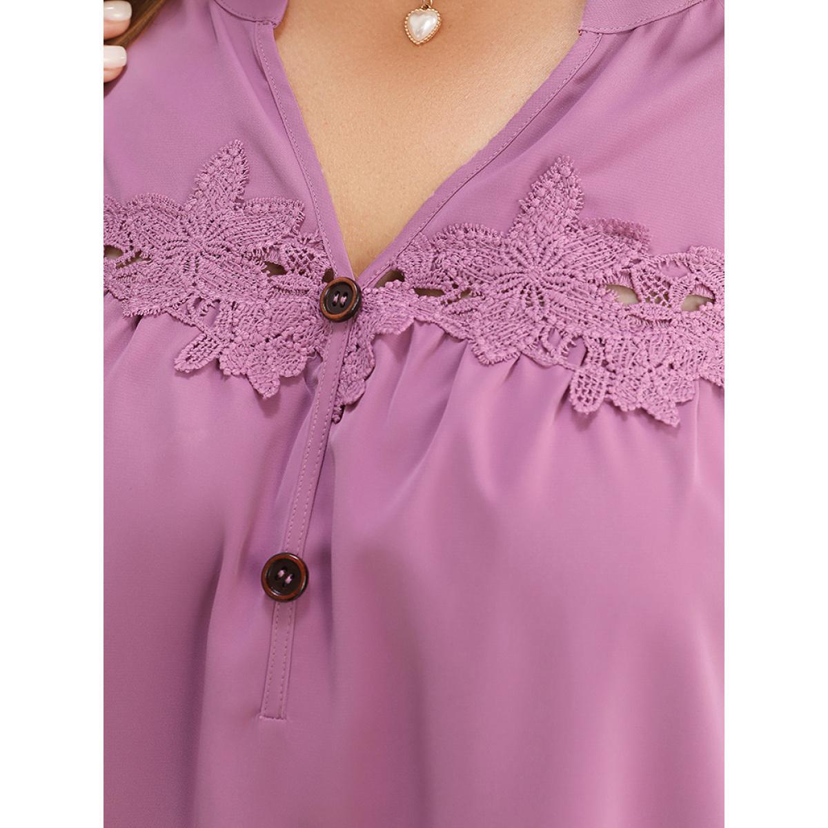 Plus Size Mauve Floral Patchwork Button Detail Ruffle Tiered Sleeve Blouse Women Elegant Short sleeve V-neck Dailywear Blouses BloomChic 28/5X Product Image