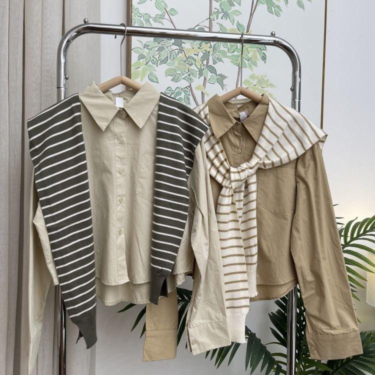 Set: Long-Sleeve Plain Button-Up Crop Shirt + Striped Knit Shawl Product Image