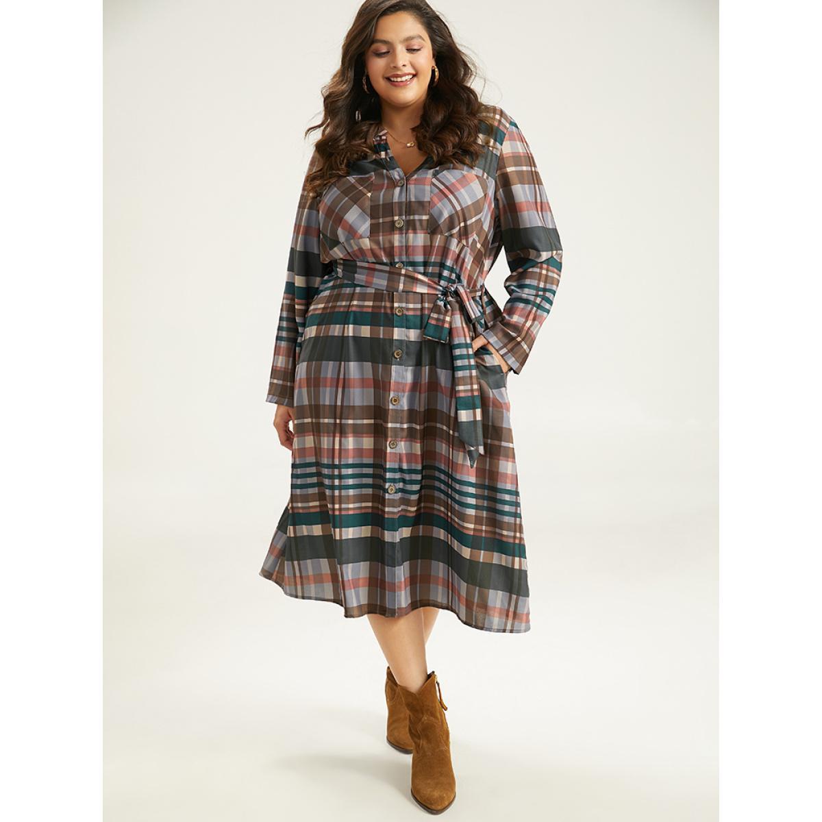 Plus Size Plaid Button Through Patched Pocket Dress Black Women Casual Belted Notched collar Long Sleeve Curvy Midi Dress BloomChic 10/M Product Image