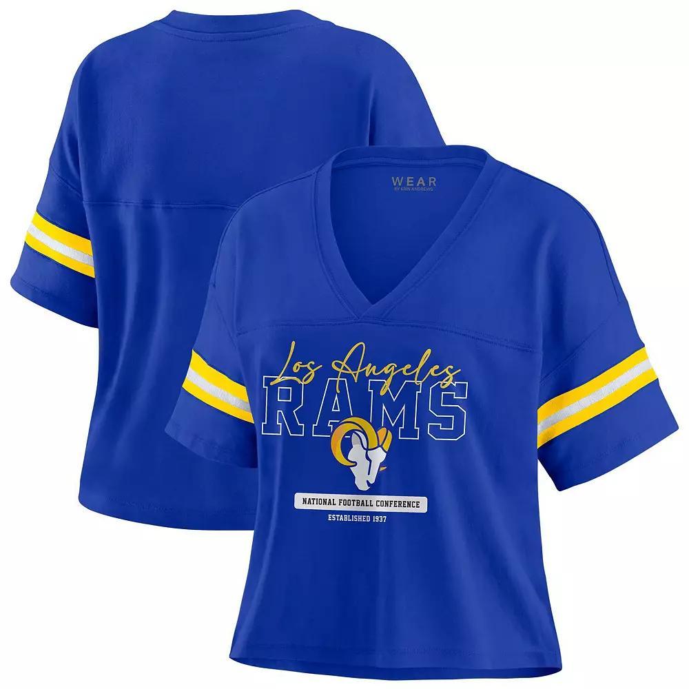 Women's WEAR by Erin Andrews Royal Los Angeles Rams Color Block Boxy Modest Crop V-Neck T-Shirt, Size: Large, Blue Product Image