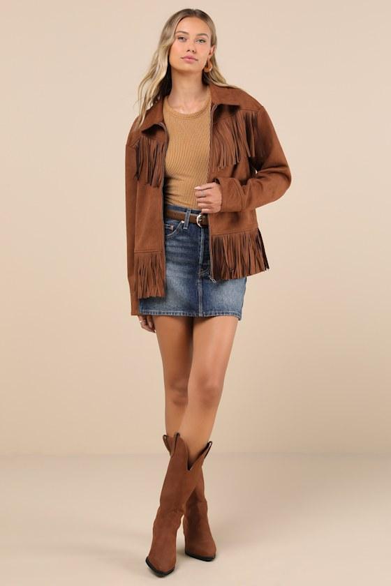 Exceedingly Chic Brown Faux Suede Fringe Jacket Product Image