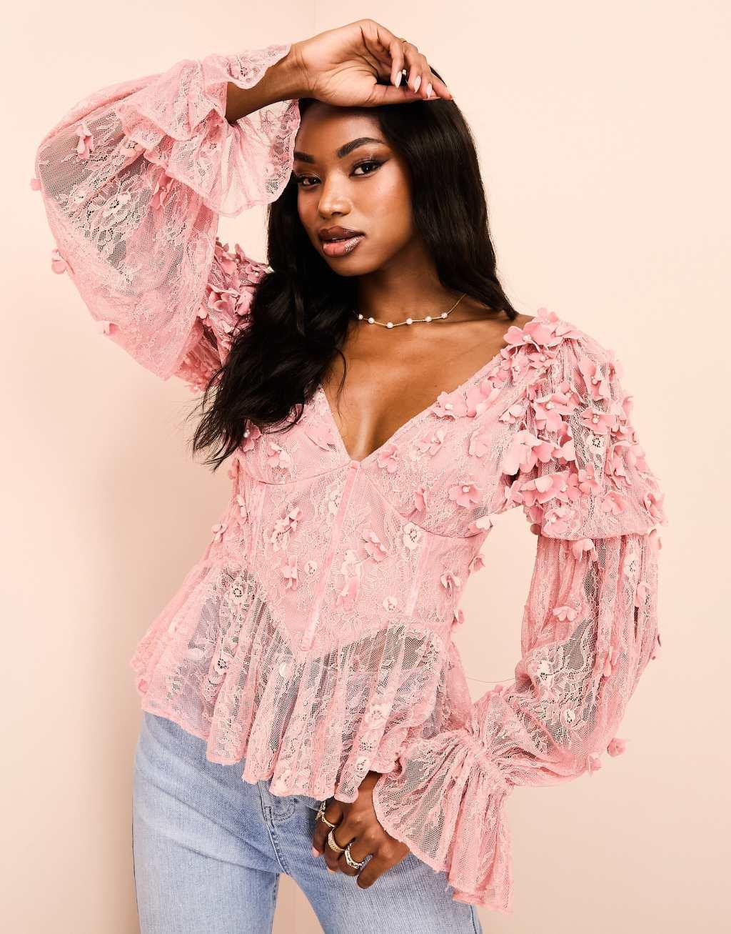 ASOS LUXE mesh long sleeved top with velvet flowers and pearl embellishment Product Image