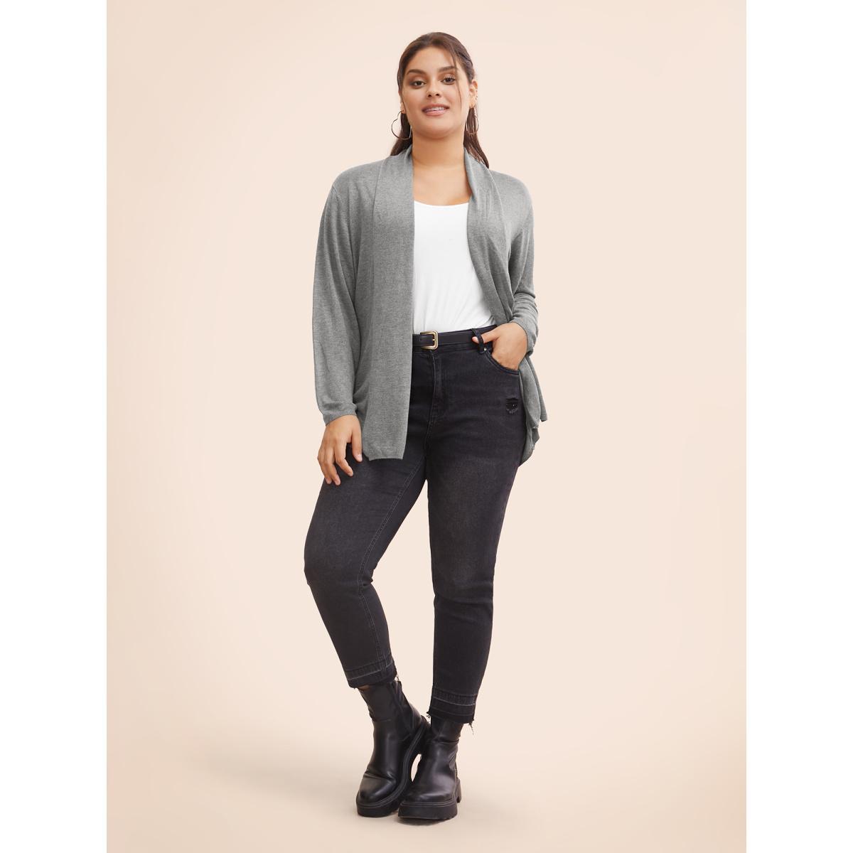 Plus Size Supersoft Essentials Plain Lapel Collar Drape Cardigan DimGray Women Casual Loose Long Sleeve Everyday Cardigans BloomChic 26/4X Product Image