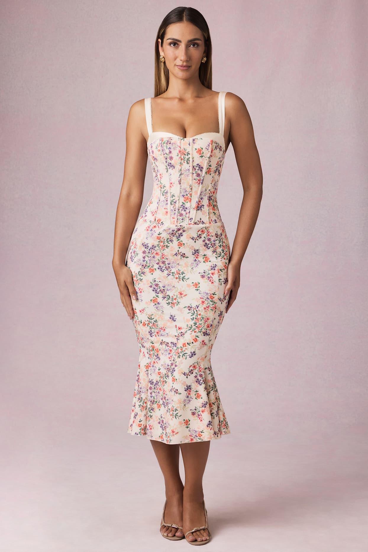 Layered Bra-Detail Fishtail Midaxi Dress in Primrose Floral Print Product Image