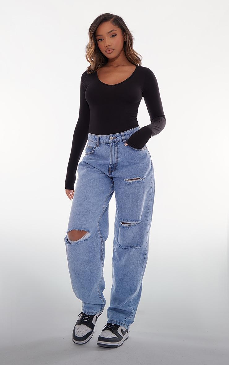 Basic Black Cotton Blend Plunge Long Sleeve Bodysuit Product Image