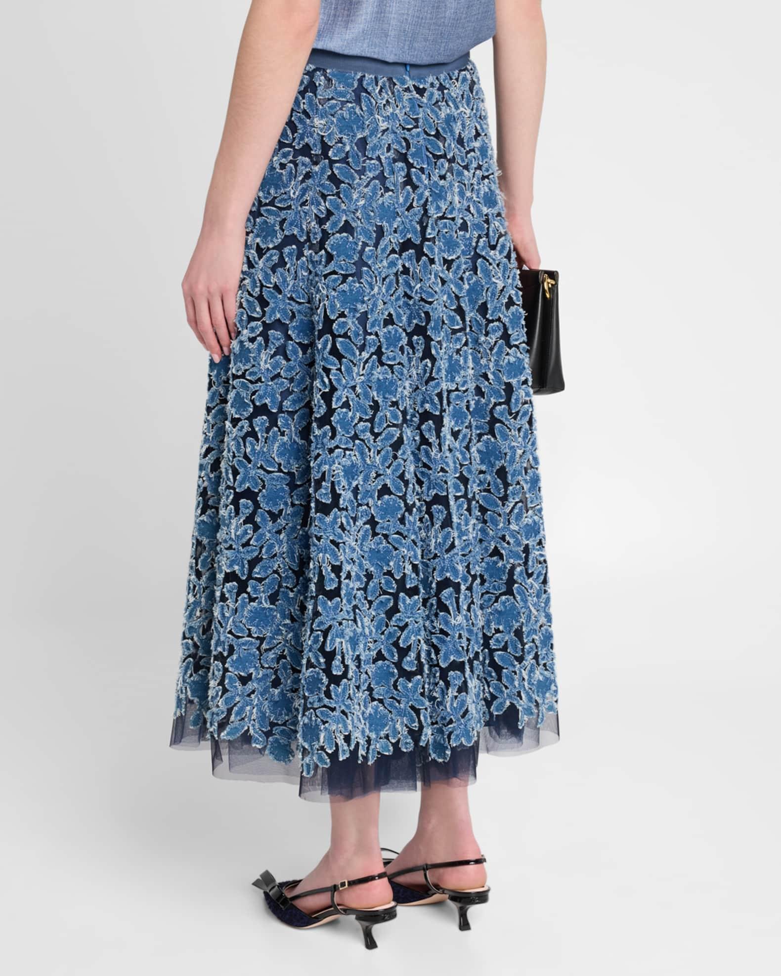 Denim Embroidered Tulle Midi Skirt Product Image