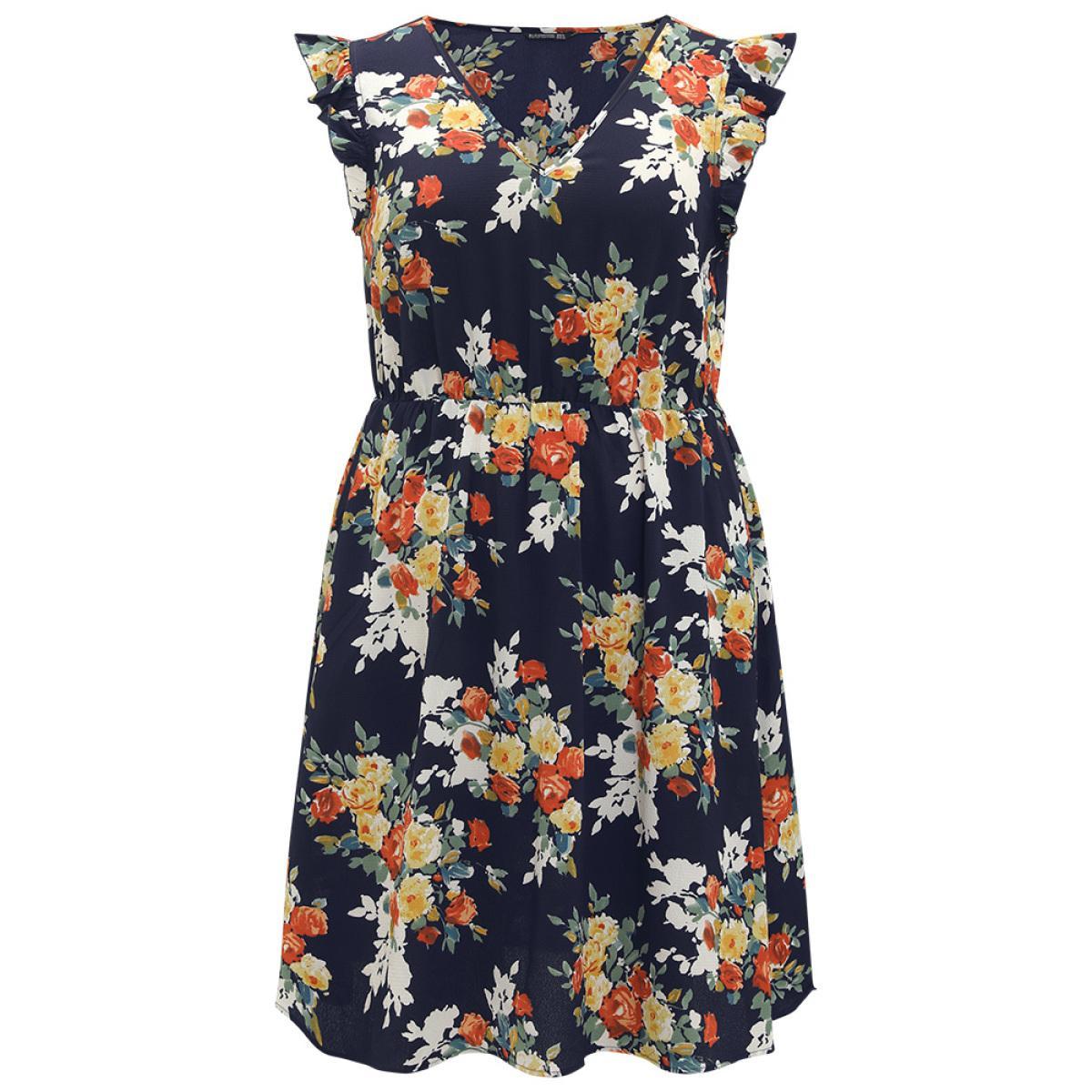 Plus Size Pixel Flower Print Ruffle Cap Sleeve Pocket Dress DarkBlue Women Elegant Elastic Waist V-neck Cap Sleeve Curvy Knee Dress BloomChic 22-24/3X Product Image