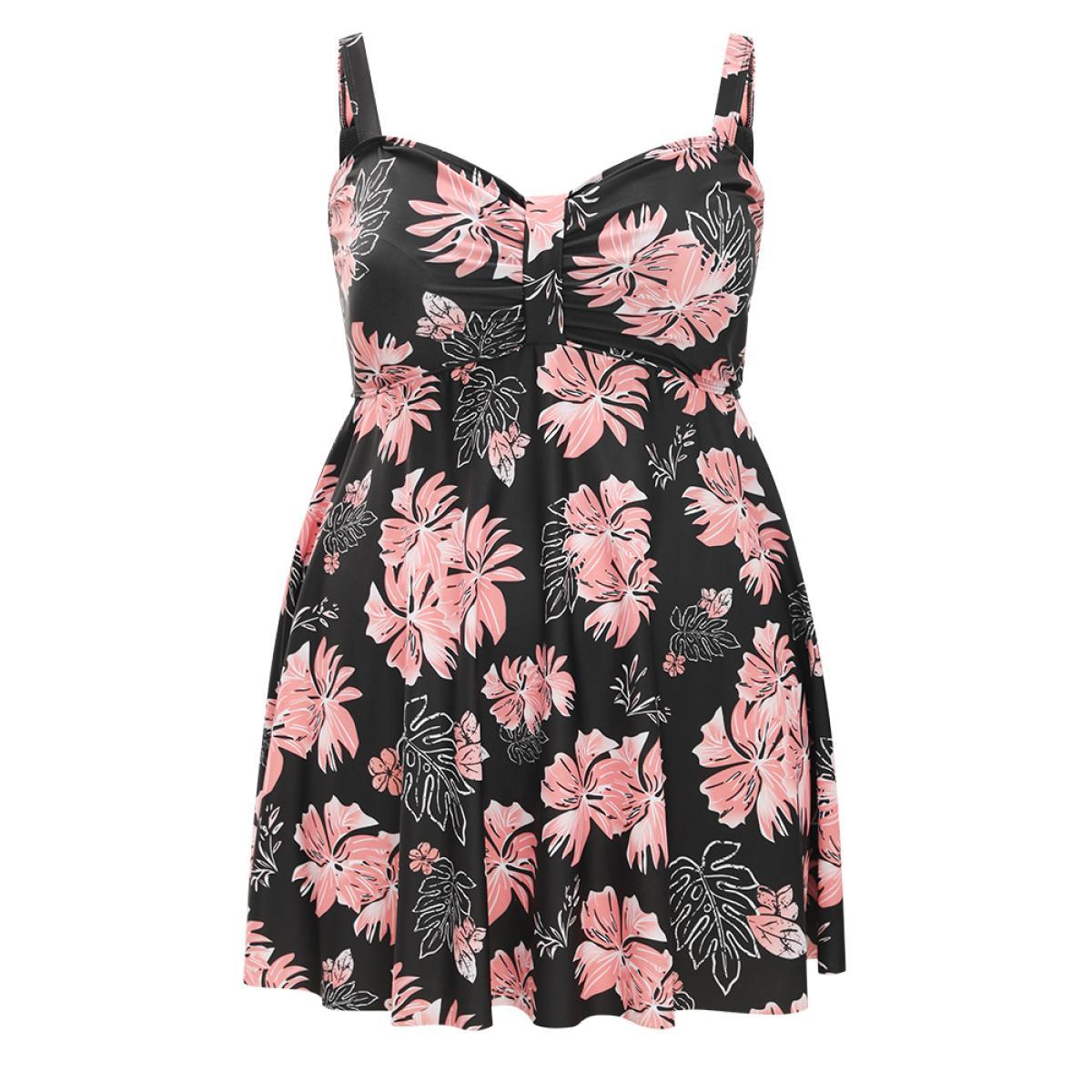 Plus Size Floral Print Gathered Adjustable Straps Swim Dress Women's Swimwear BlackFlower Vacation Bodycon Spaghetti Strap High stretch Curve Swim Dresses BloomChic 14-16/1X Product Image