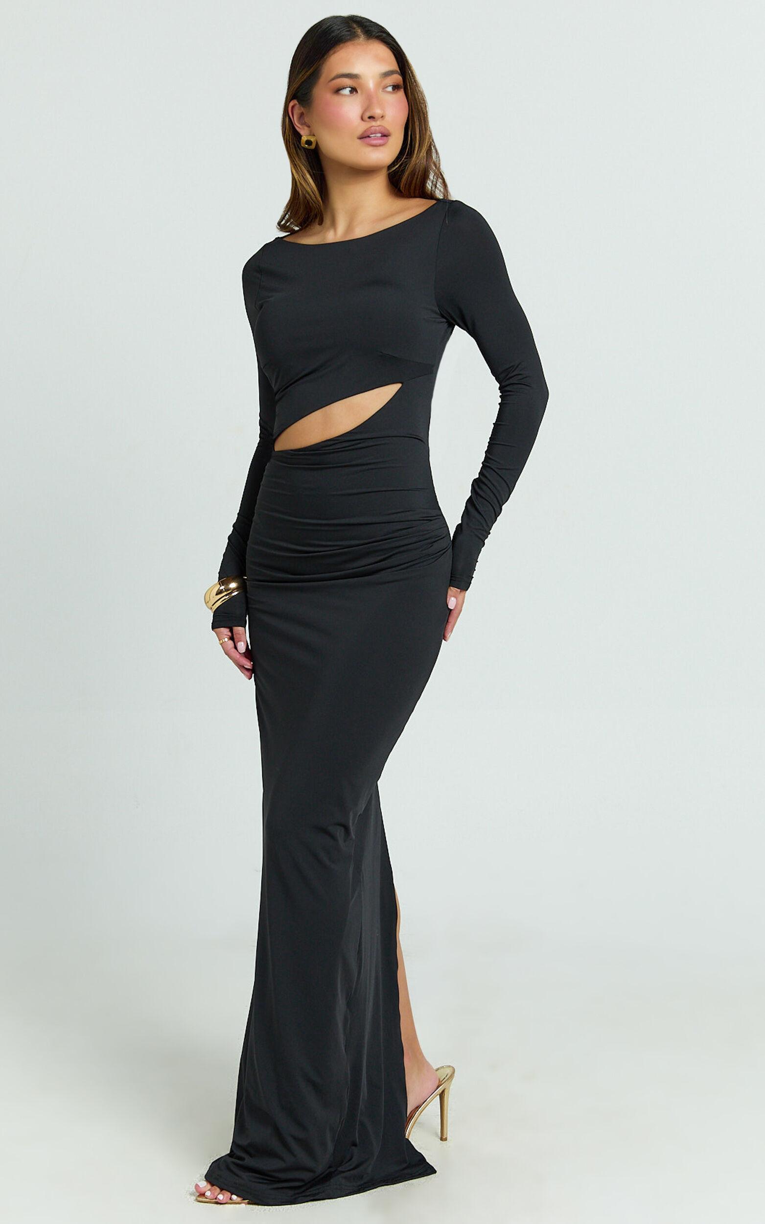Hannah Maxi Dress - Long Sleeve Cut Out Low Back Bodycon Dress in Black Product Image